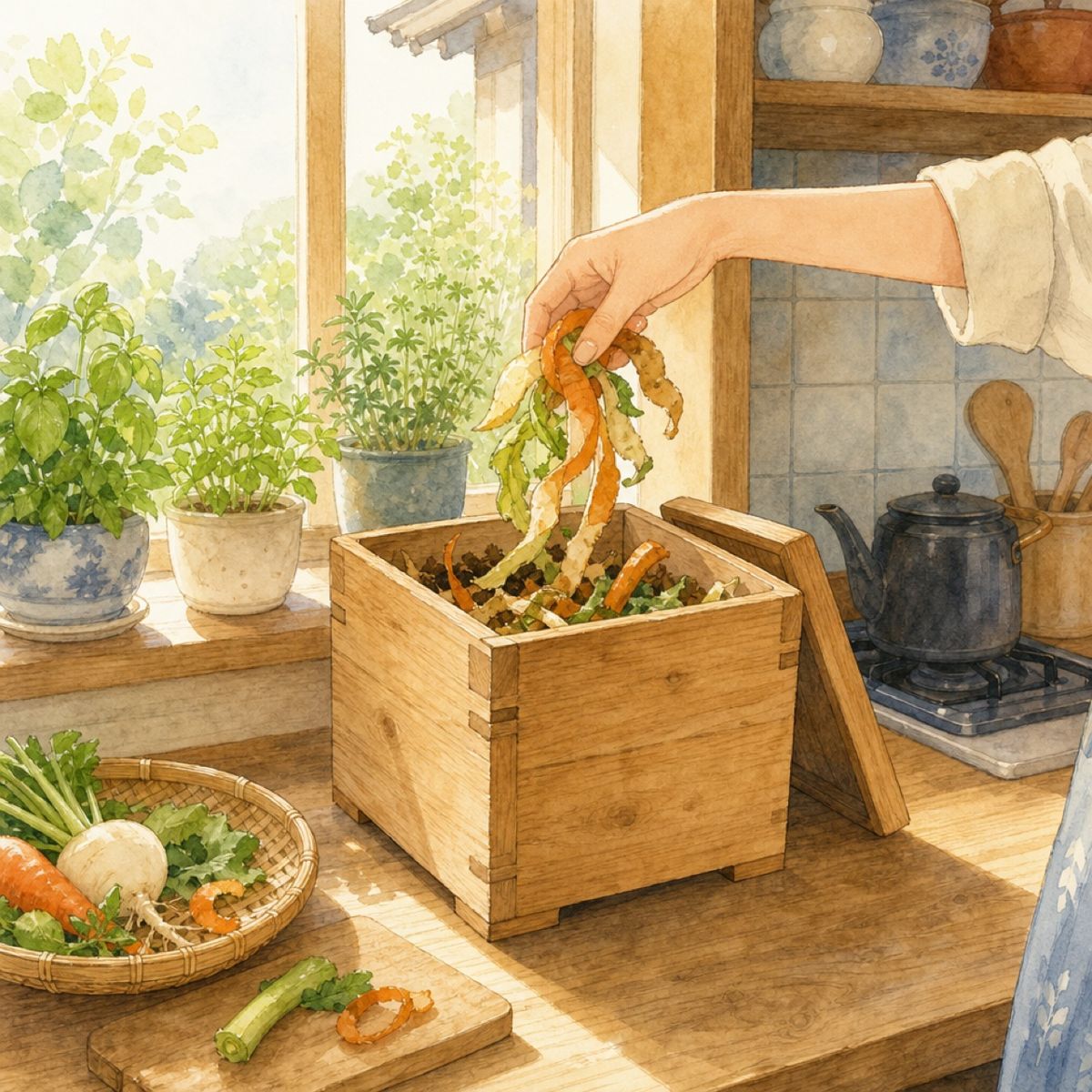台所に置いたミミズコンポストのイラスト